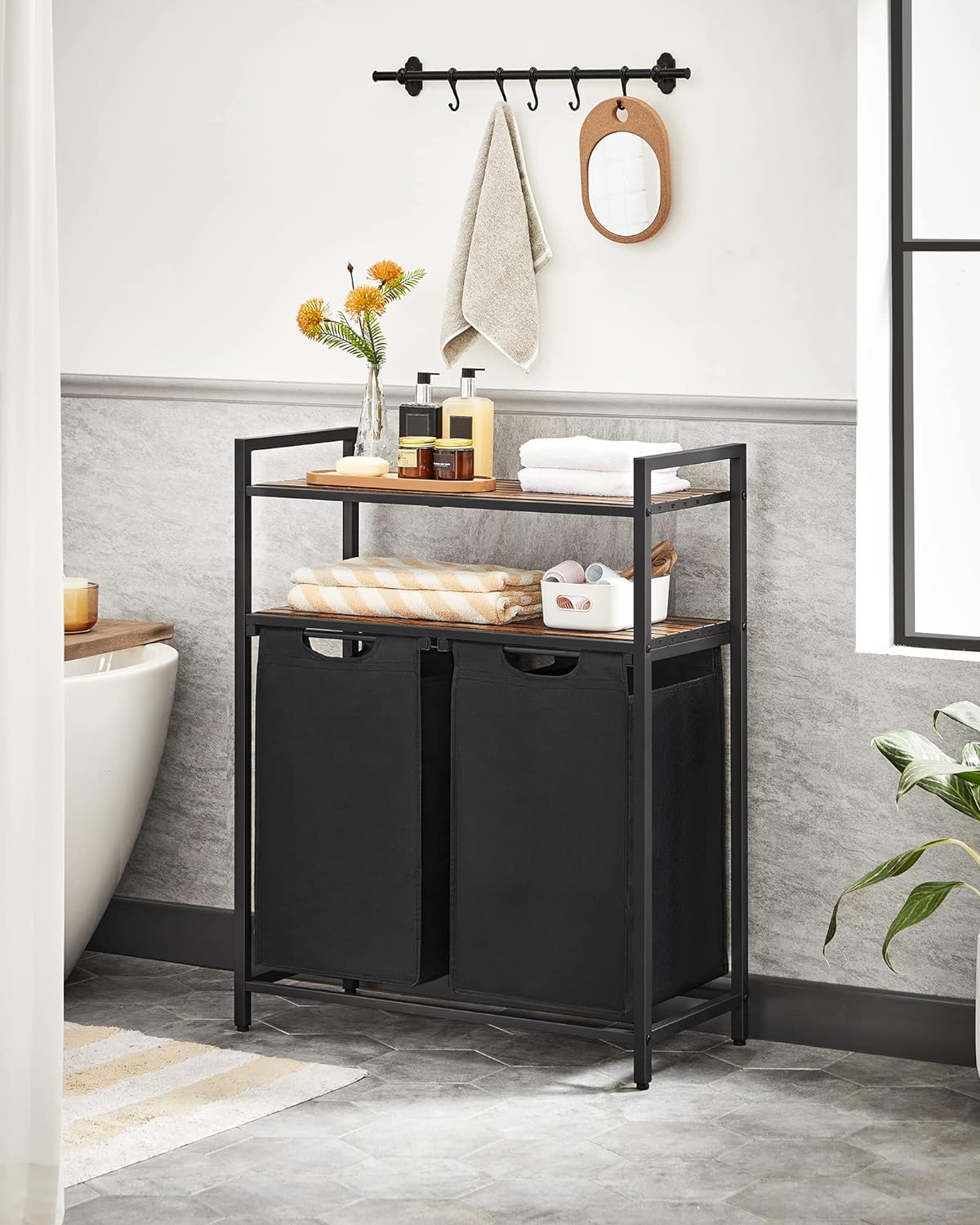 VASAGLE Cos de rufe, cu 2 saci detasabili, 2 rafturi, capacitate de 46L per sac, 73x33x72cm , maro rustic si negru