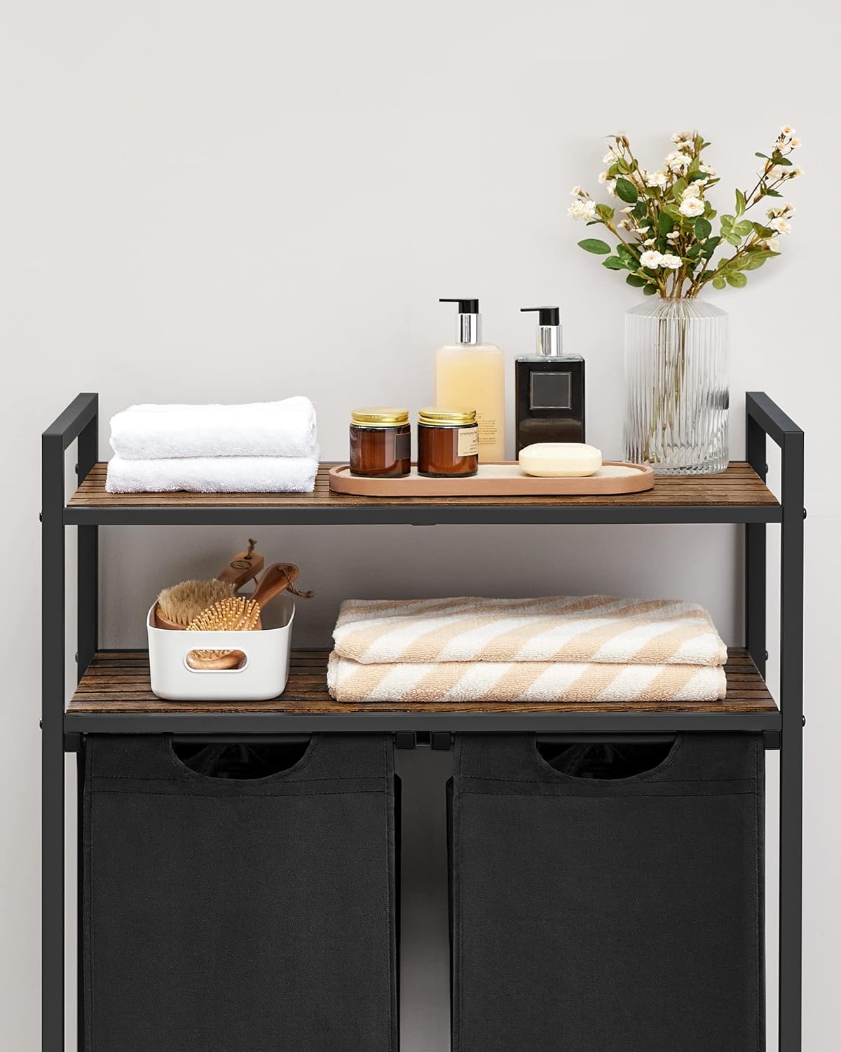 VASAGLE Cos de rufe, cu 2 saci detasabili, 2 rafturi, capacitate de 46L per sac, 73x33x72cm , maro rustic si negru