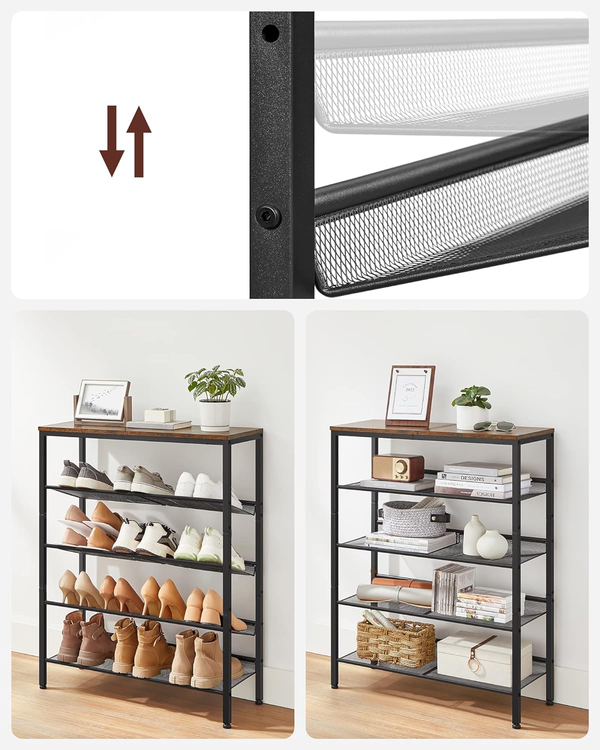 VASAGLE Raft de pantofi, 5 niveluri, rafturi reglabile din plasa, metal, stil industrial, 75x28x93cm, maro vintage negru