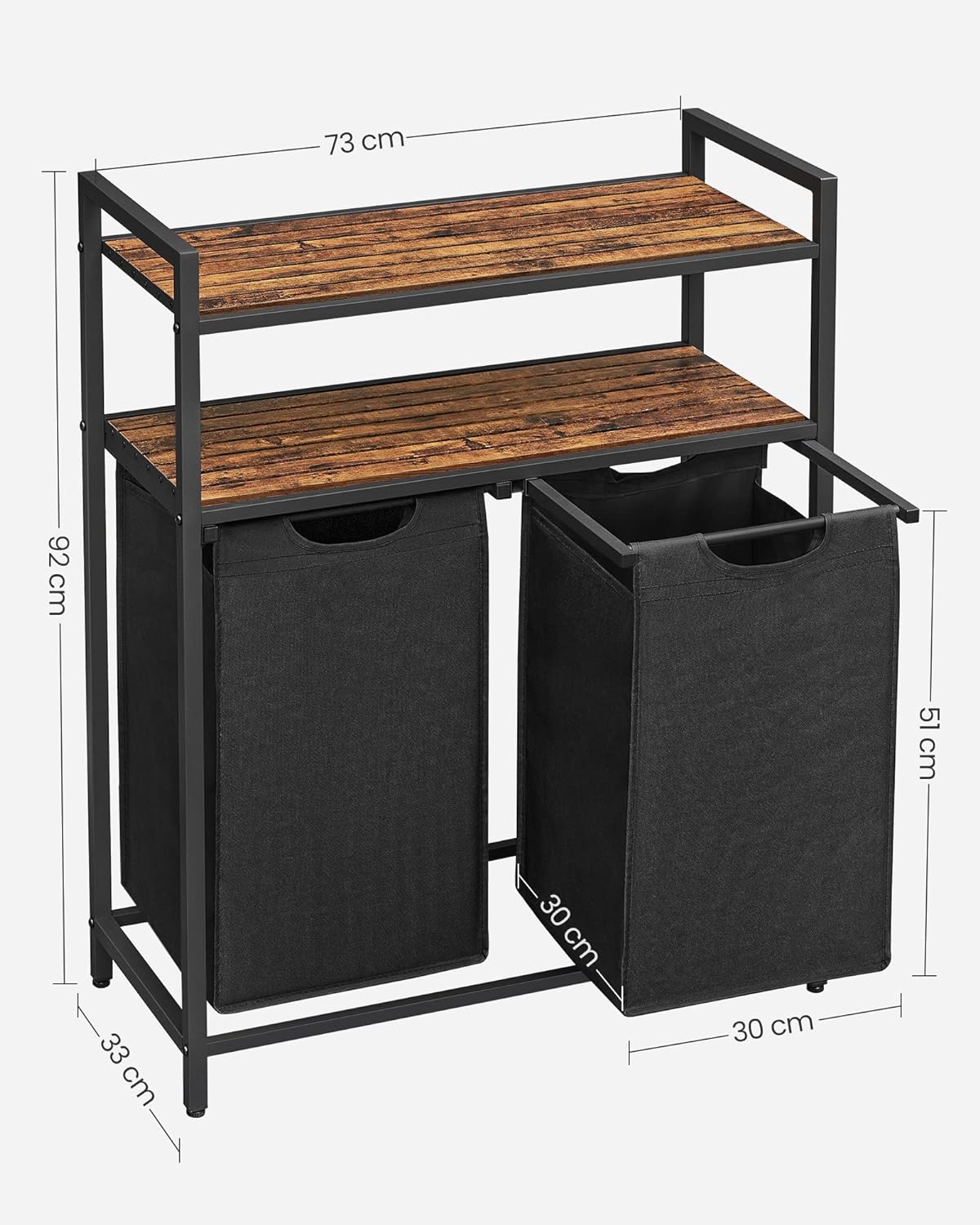 VASAGLE Cos de rufe, cu 2 saci detasabili, 2 rafturi, capacitate de 46L per sac, 73x33x72cm , maro rustic si negru
