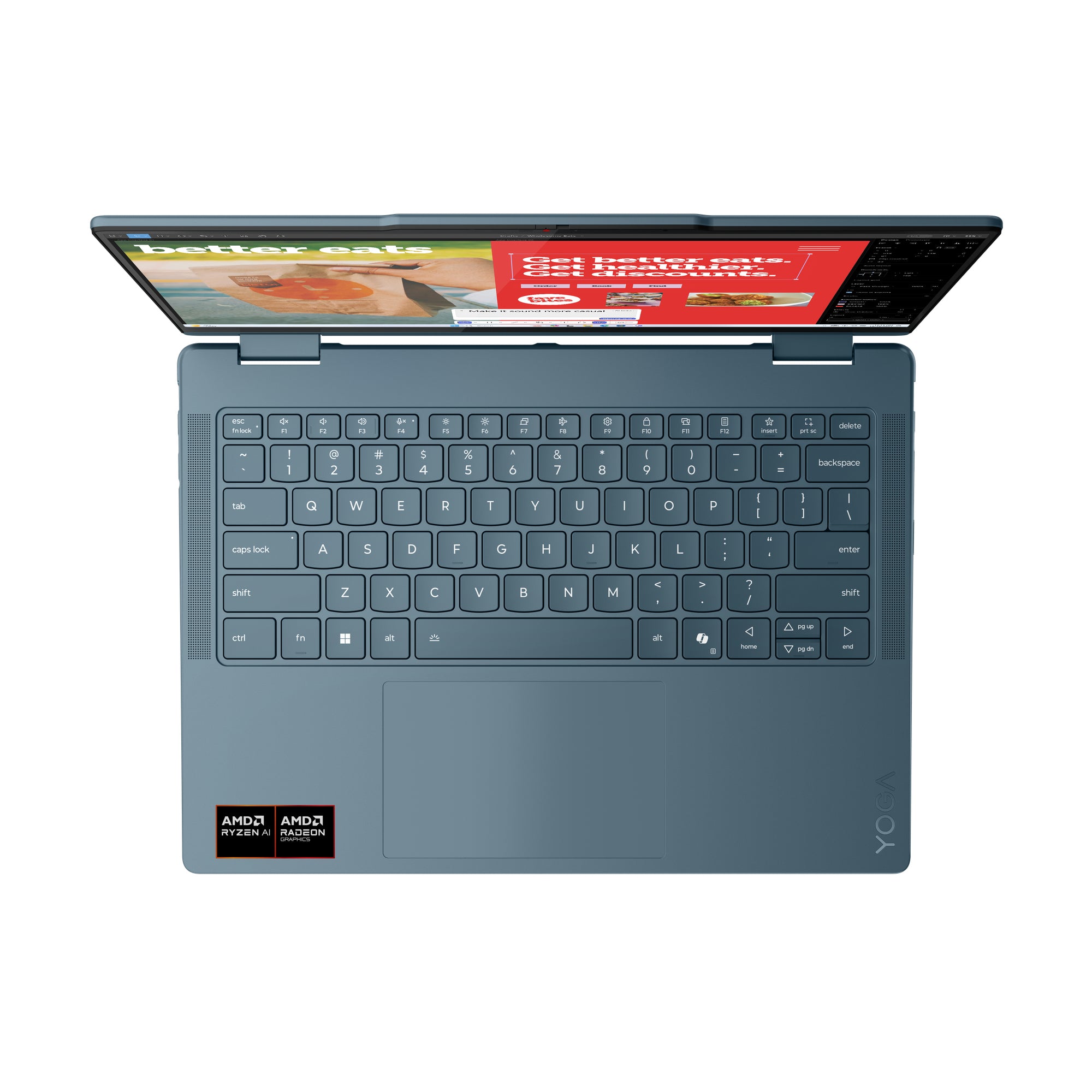 14 Yoga 7 2-in-1 14AKP10, WUXGA OLED Touch, Procesor AMD RyzenTM AI 5 340 (16M Cache, up to 4.8 GHz), 24GB LPDDR5X, 1TB SSD, AMD Radeon 840M, Win 11 Home, Tidal Teal, 3Yr Onsite Premium Care "83JR002ERM" (timbru verde 3.5 lei)