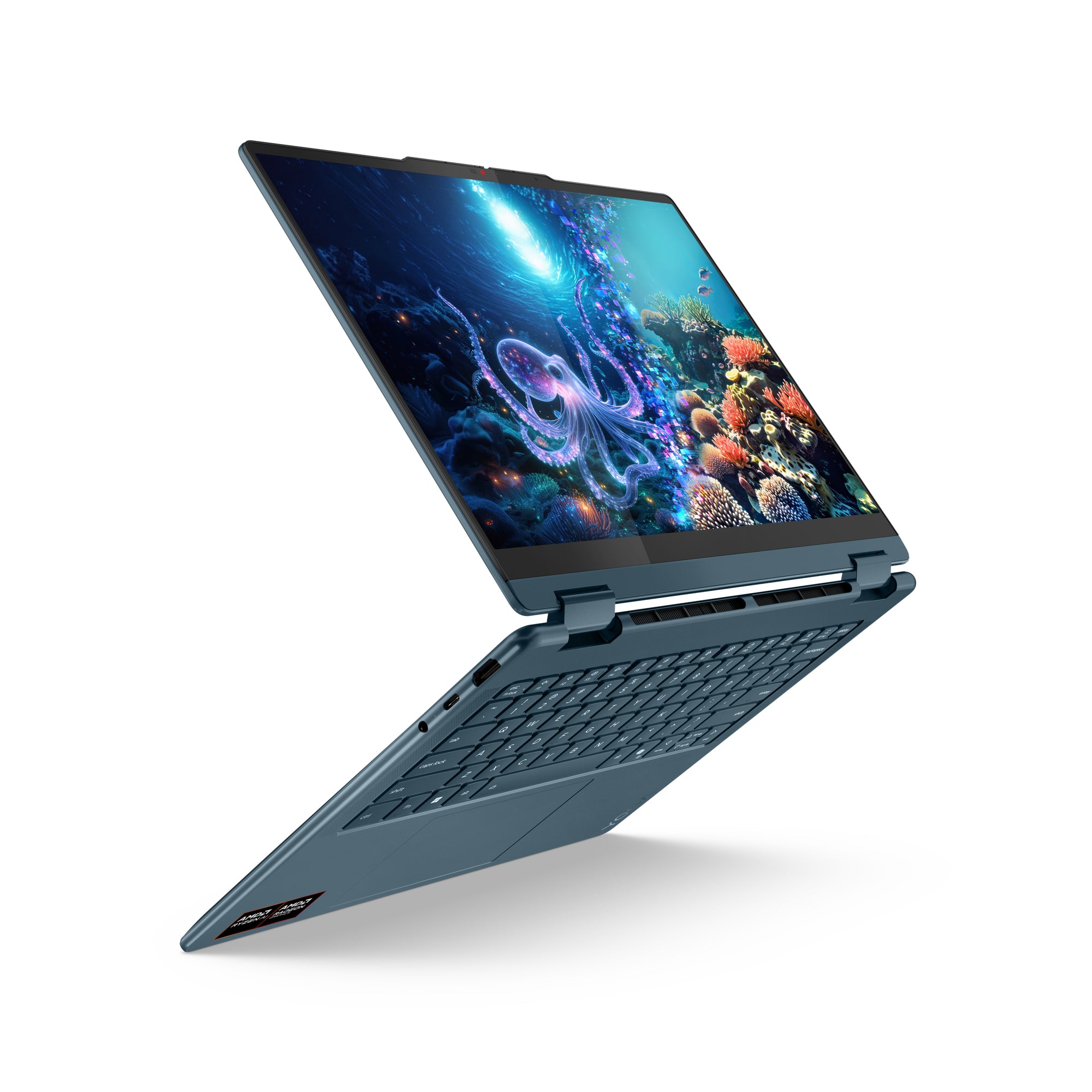 14 Yoga 7 2-in-1 14AKP10, WUXGA OLED Touch, Procesor AMD RyzenTM AI 5 340 (16M Cache, up to 4.8 GHz), 24GB LPDDR5X, 1TB SSD, AMD Radeon 840M, Win 11 Home, Tidal Teal, 3Yr Onsite Premium Care "83JR002ERM" (timbru verde 3.5 lei)
