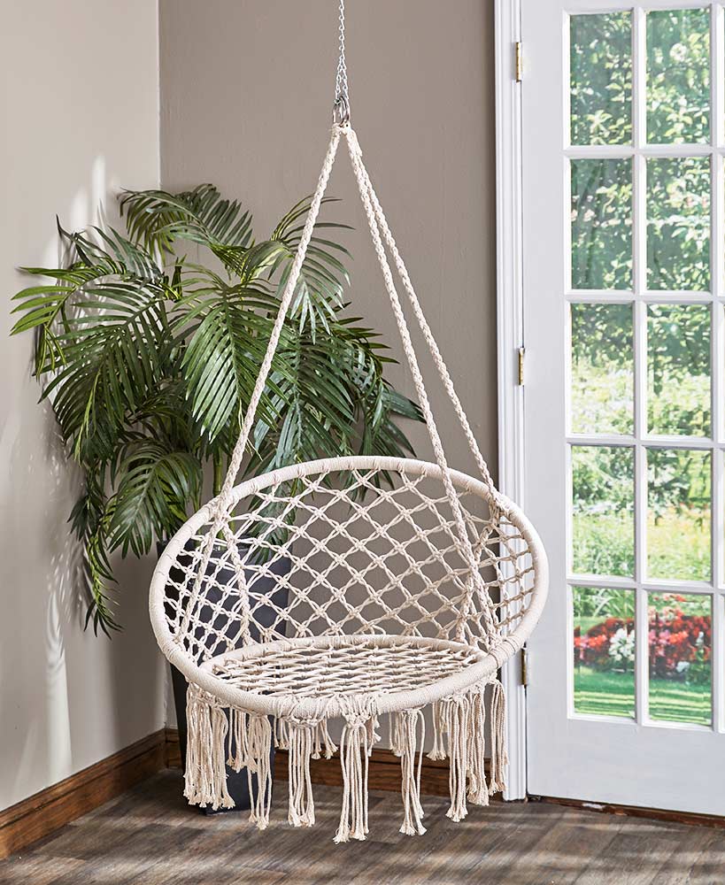 Scaun rotund tip leagan suspendat pentru casa sau gradina, cu franjuri, 150kg, bej
