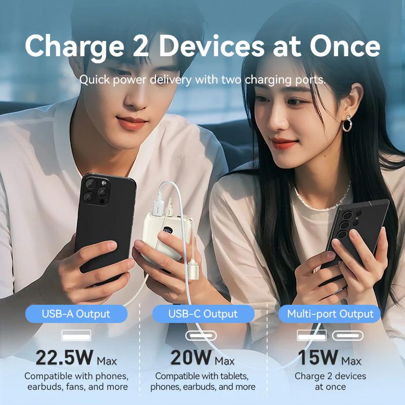 Power Bank Vention 10000mAh Power Bank (USB-C + USB-C/USB-C/USB-A) with Built-in USB-C to USB-C Cable 22.5W Beige LED Display Type , "FKAN0-C" - 6922794791275