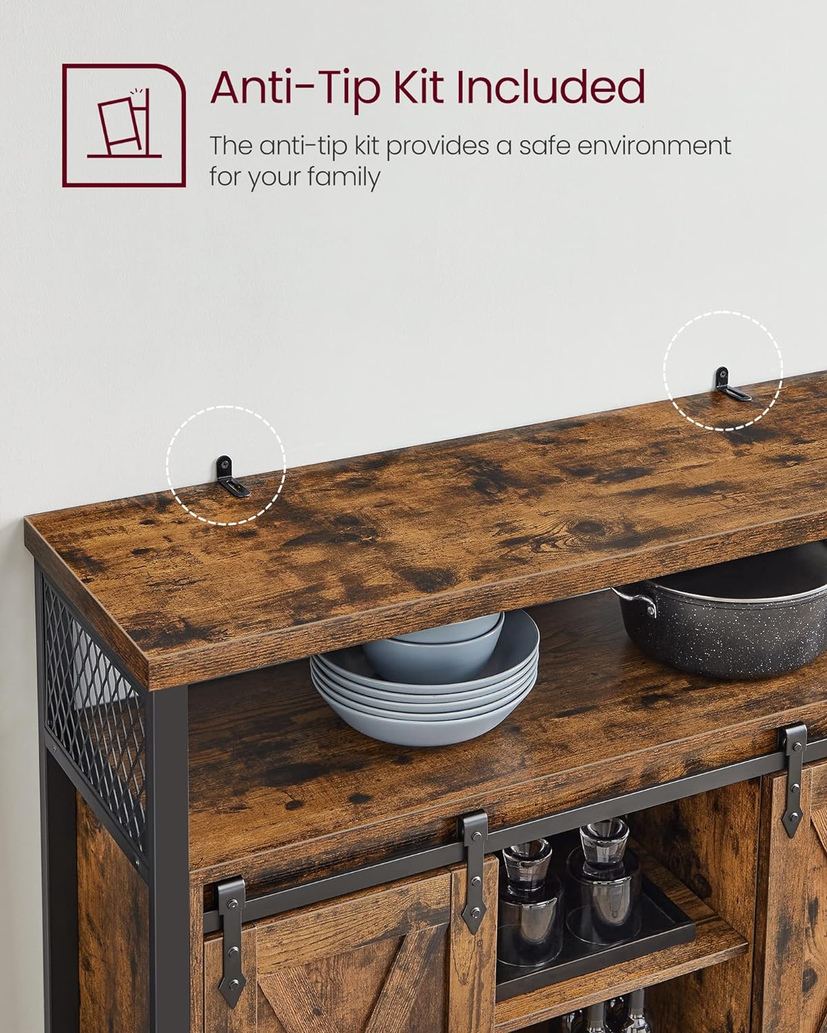 Comoda pentru living sau bucatarie, cu 2 usi glisante, rafturi reglabile, stil rustic, 33x100x80cm, maro si negru
