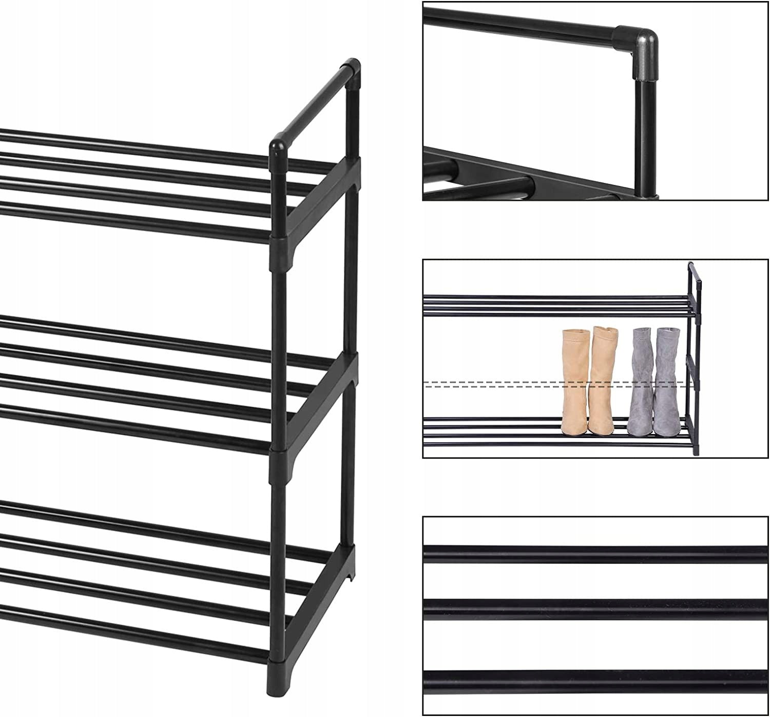 Suport pentru pantofi, cadru metalic cu 3 nivele, 12-15 perechi, stivuibil, 54x92x30cm, negru