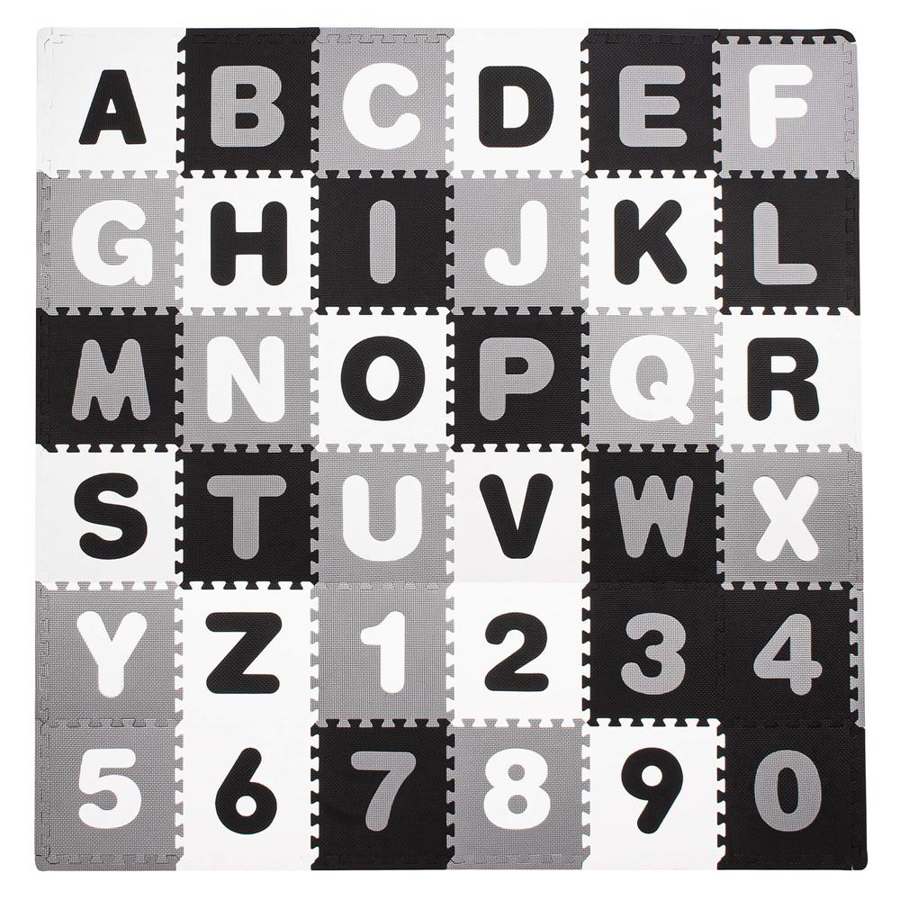Covor din spuma pentru copii, tip puzzle alfabet si numere, 110 piese, termoizolant, 175x175 cm, negru, gri