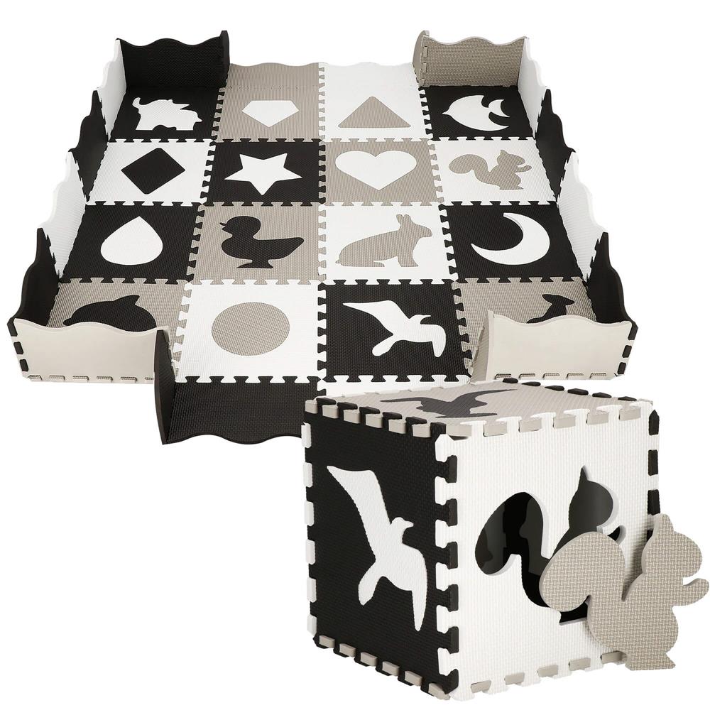 Covor din spuma pentru copii, tip puzzle animale, 52 piese, termoizolant, 150x150 cm, gri negru