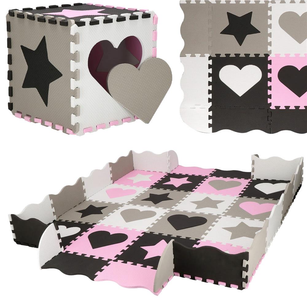 Covor din spuma pentru copii, tip puzzle forme, 52 piese, termoizolant, 150x150 cm, gri roz