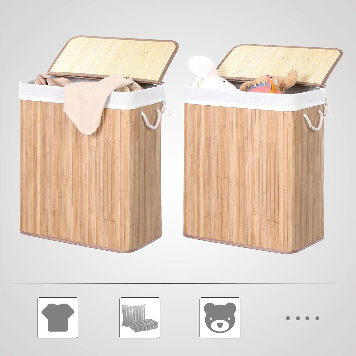 SONGMICS Cos de rufe din bambus cu capac, sac detasabil, volum 100L, 52x32x61 cm, maro