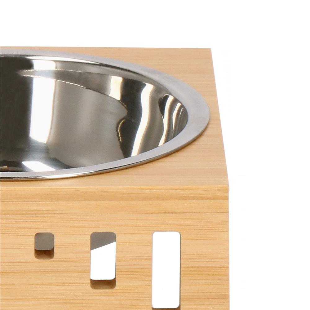 Castron inox, bol, pentru caine sau pisica, cu suport din bambus, 15cm