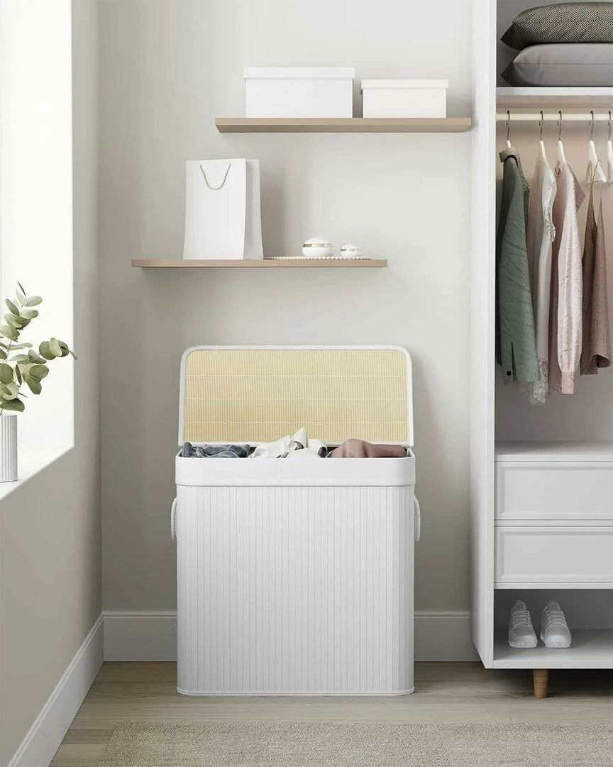SONGMICS Cos de rufe din bambus, pliabil, cu captuseala detasabila lavabila, 3 compartimente, 150L, 60x40x62cm, alb