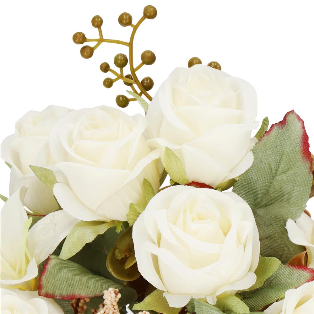 Buchet de flori artificiale din poliester, 9 fire trandafiri si crini, 37cm, alb