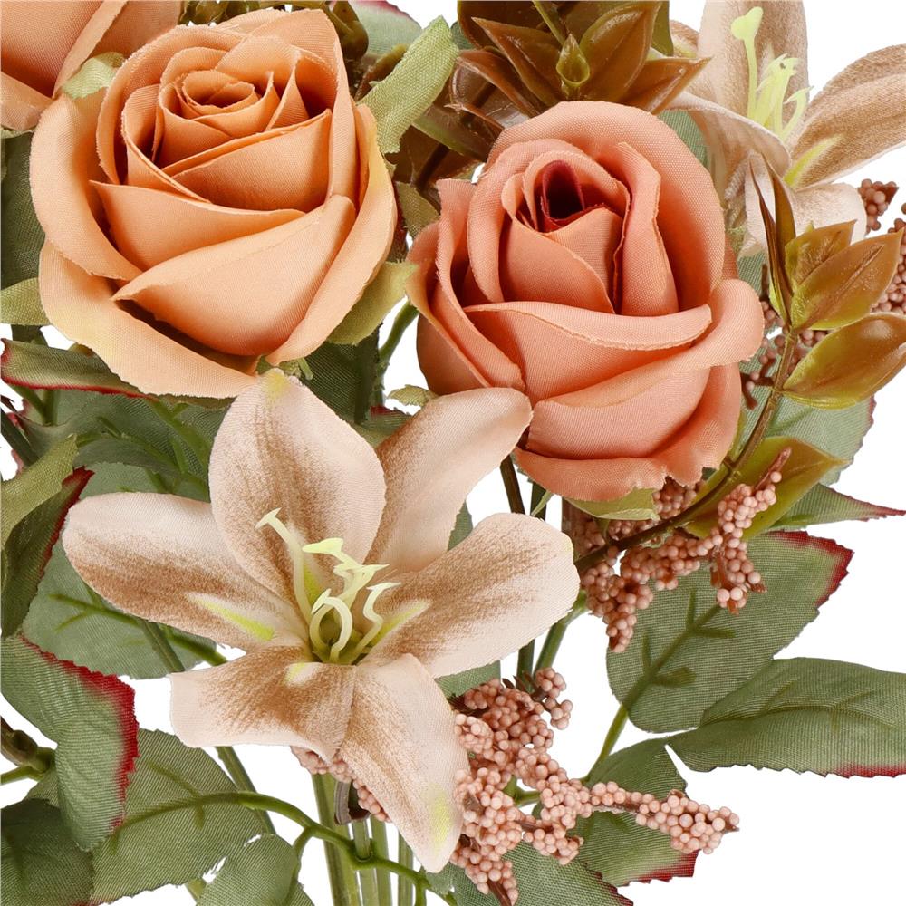 Buchet de flori artificiale din poliester, 9 fire trandafiri si crini, 37cm, roz