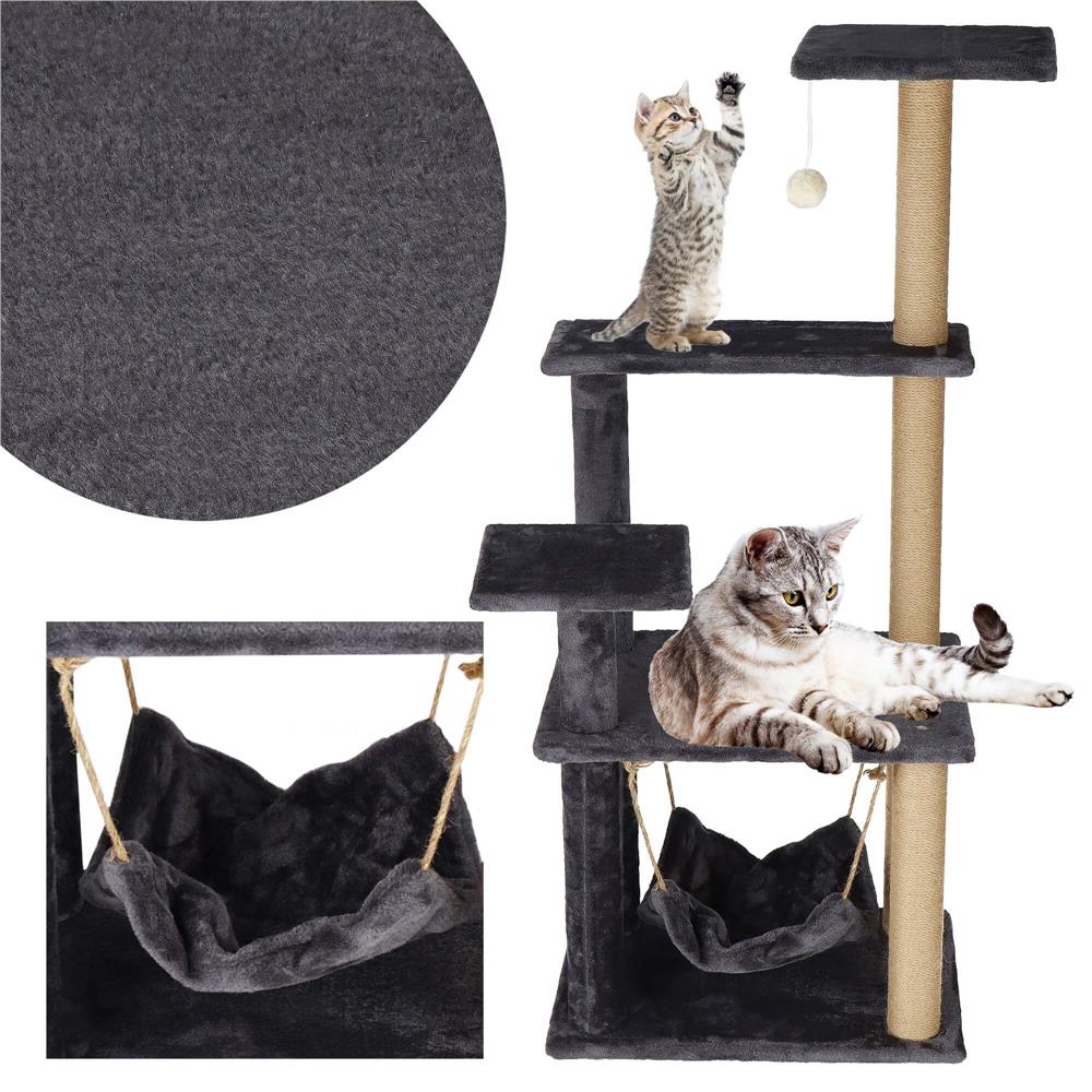 Ansamblu de joaca pentru pisici, cu loc pentru zgariat, hamac, minge, 121cm, grafit