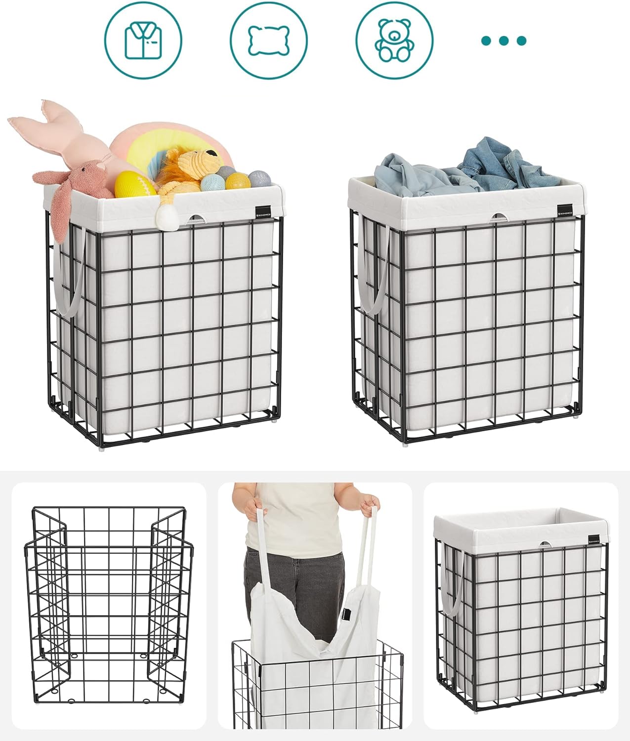 SONGMICS Cos de rufe pliabil cu cadru metalic, sac detasabil si lavabil, 90L, 48x33x58cm, negru si alb