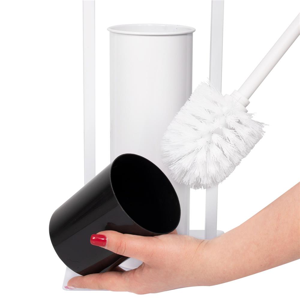 Stand cu perie WC si suport hartie igienica, metal si bambus, 74cm, alb