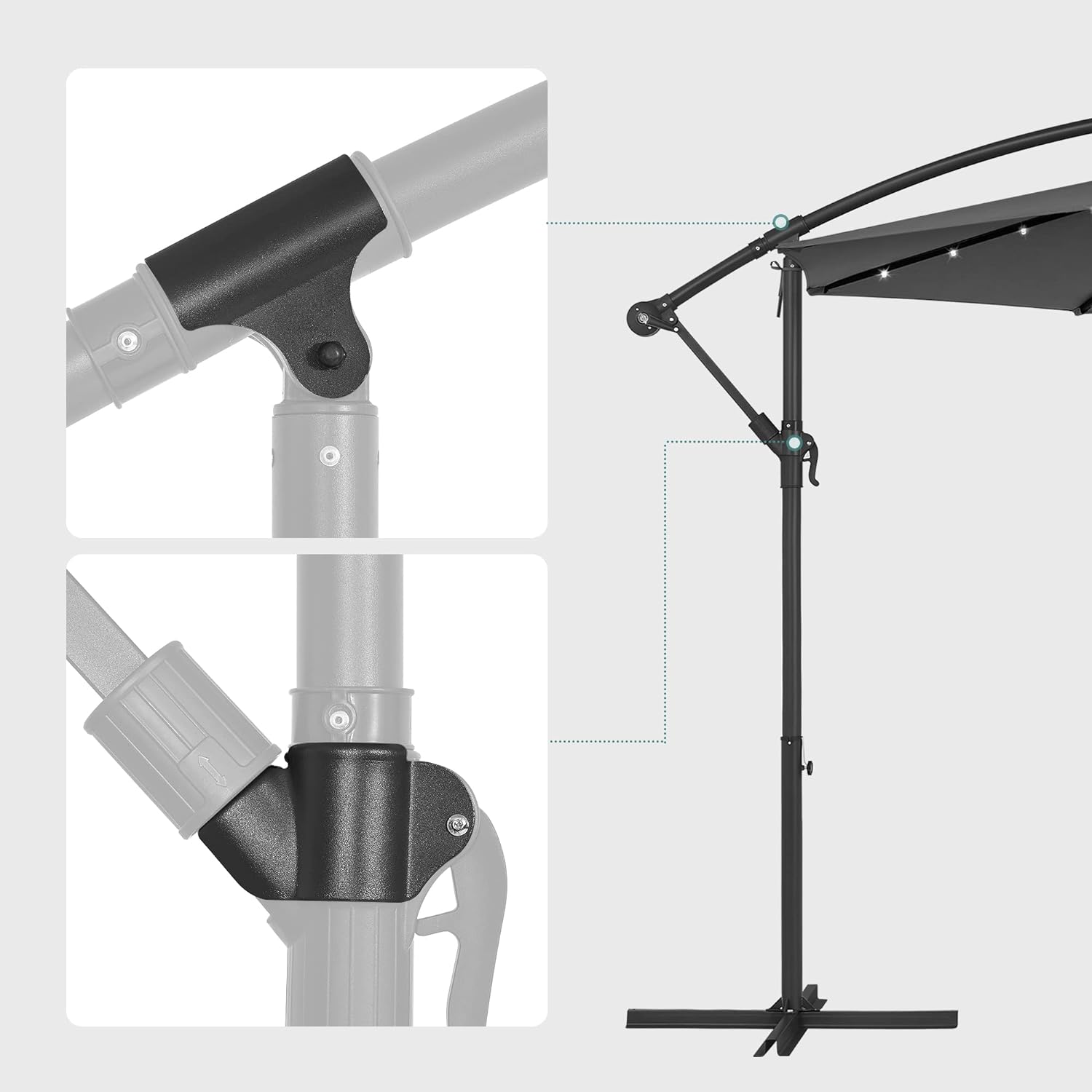SONGMICS Umbrela de gradina cu brat lateral banana, 300cm, cu iluminare LED solara, gri