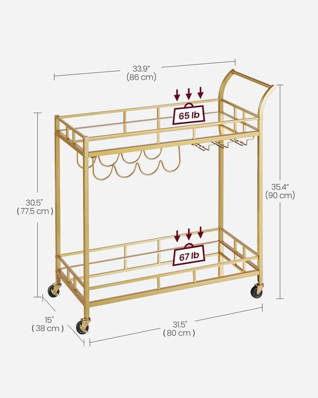 VASAGLE Carucior de servire pentru vin, suport sticle si pahare, cu 2 rafturi din sticla, 38x86x90cm, auriu