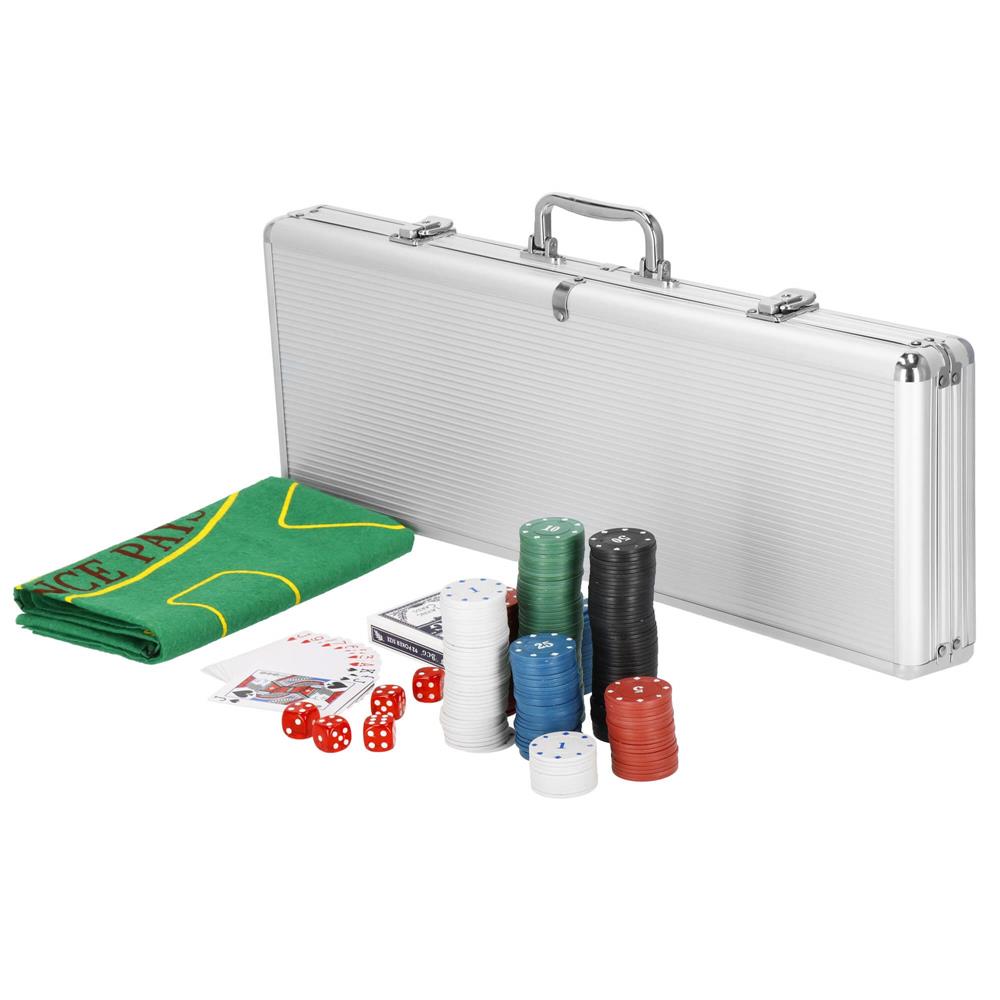 Set de Poker Complex cu 500 de jetoane, covoras verde, 2 seturi de carti, 5 zaruri, in servieta aluminiu