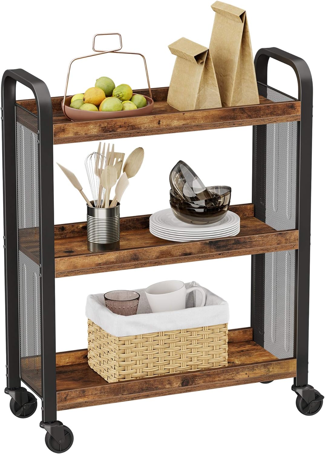 VASAGLE Carucior de servire pe roti pentru bucatarie, cu 3 polite, stil industrial, 26x66x85cm, maro rustic