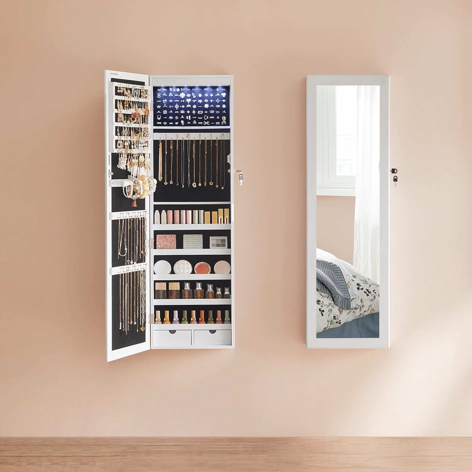 SONGMICS Dulap de bijuterii cu oglinda, montare pe perete, incuietoare, 37x10x120cm, alb