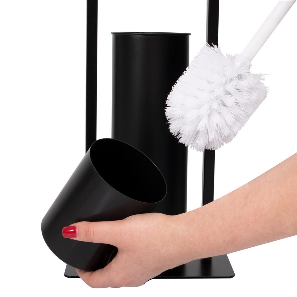 Stand cu perie WC si suport hartie igienica, metal si bambus, 74cm, negru