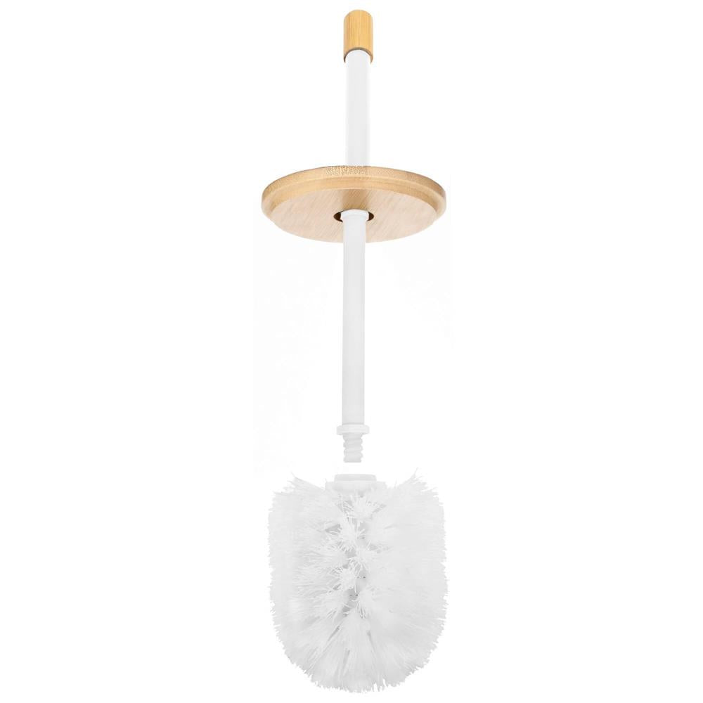 Stand cu perie WC si suport hartie igienica, metal si bambus, 76cm, alb perla
