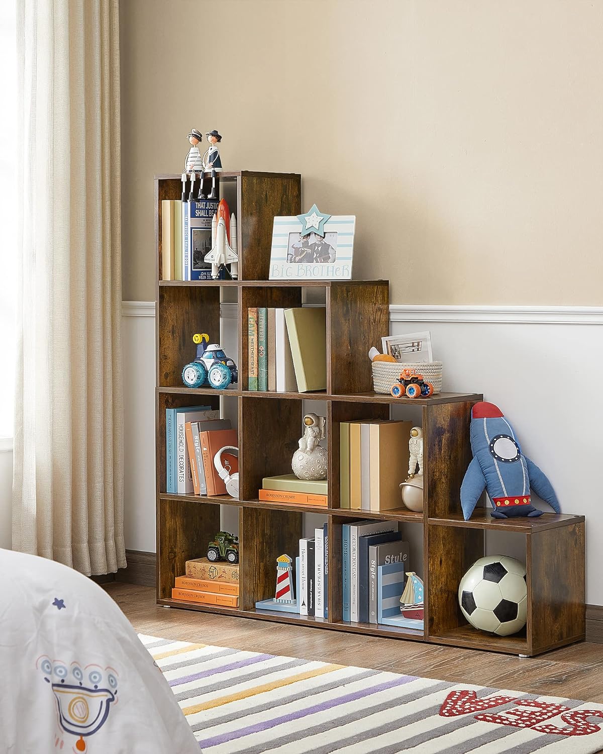 VASAGLE Biblioteca cu 10 compartimente, unitate de depozitare pentru decoratiuni, din lemn, 29x129x129cm, maro rustic