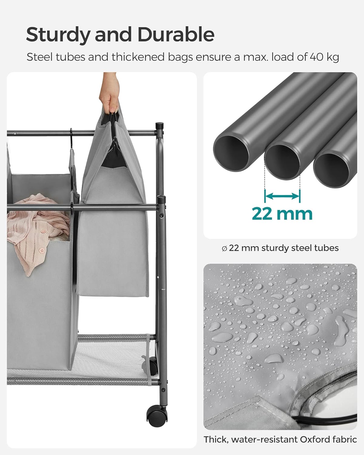 SONGMICS Cos de rufe cu 4 saci detasabili, structura metalica pe roti, 4x35L, 87x38x81cm, gri