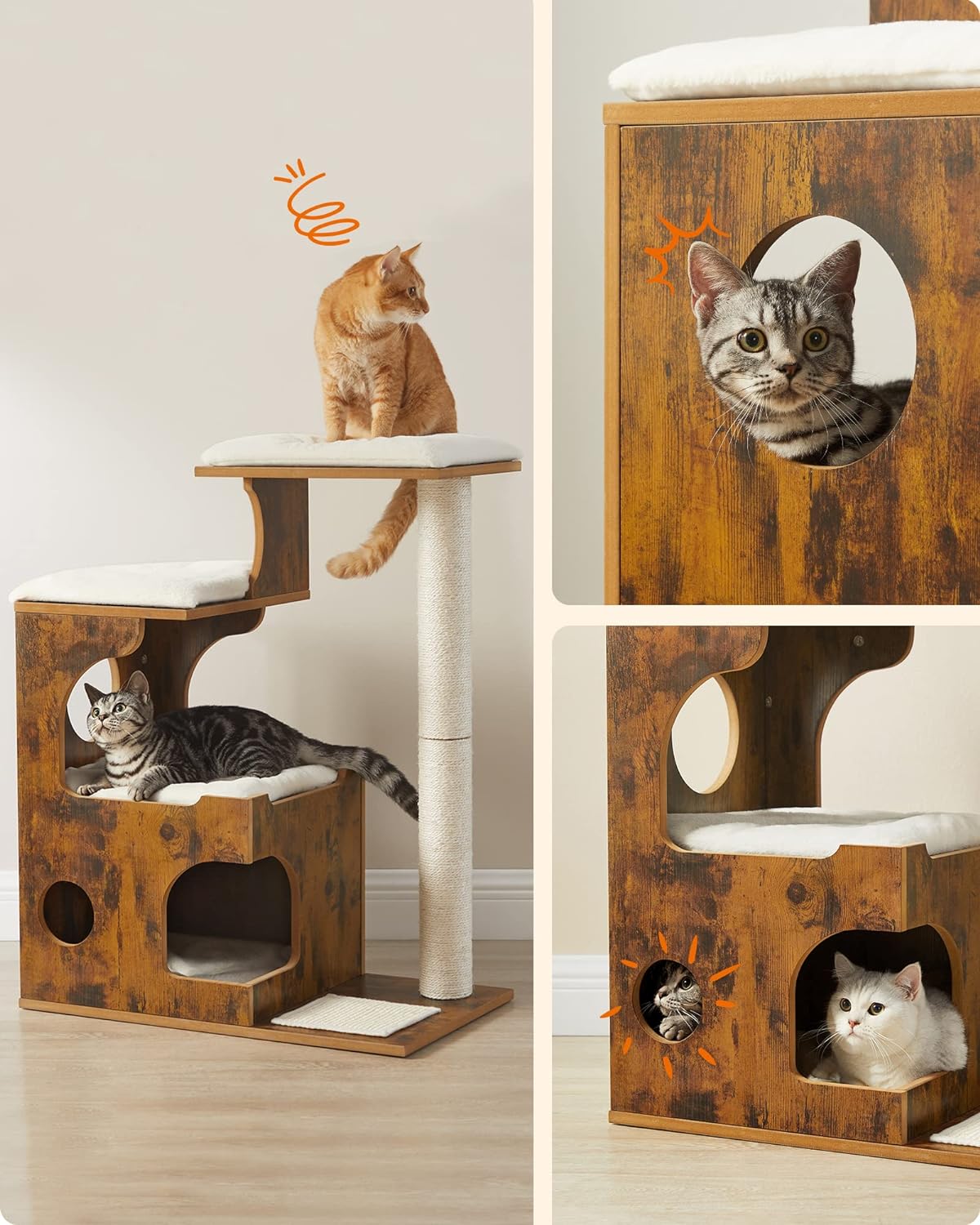FEANDREA Ansamblu de joaca pentru pisici, tip mobilier, MDF, cu 3 culcusuri si ascunzatoare, 66x40x86cm, maro rustic