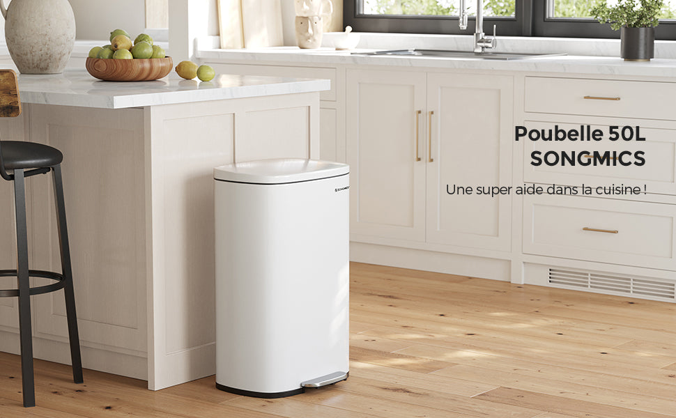 SONGMICS Cos de gunoi din otel cu pedala, galeata interioara plastic, capac inchidere lenta, 50L, 43x32x66cm, alb