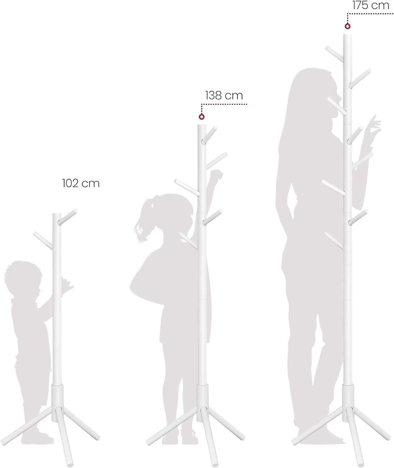 VASAGLE Cuier pentru haine, din lemn masiv, tip pom, cu 8 carlige, 175cm, alb