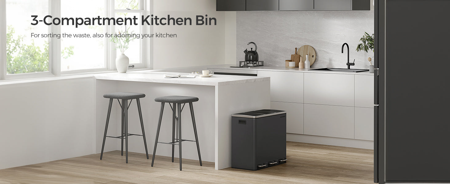 SONGMICS Cos de gunoi din inox cu 3 compartimente colectare selectiva, cu galeti interioare, 3x18litri, negru