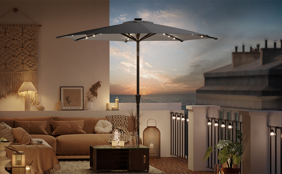 SONGMICS Umbrela de gradina, iluminare LED solara, cu manivela pentru deschidere, sistem inclinare, 300cm, gri - 9