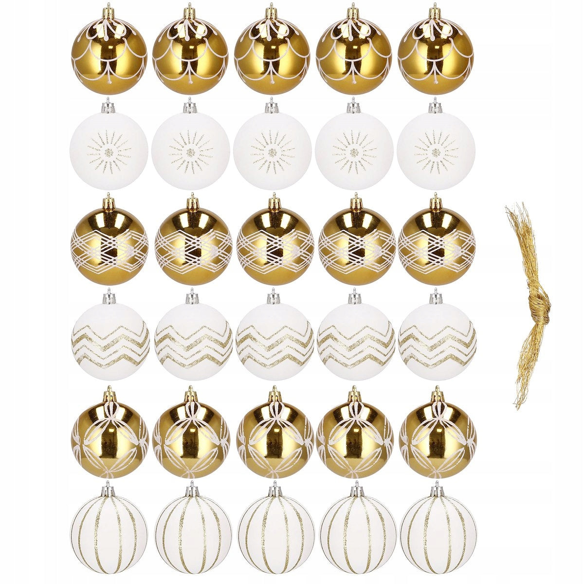 Set globuri de Craciun cu modele de sarbatori, 30 bucati, 5cm, alb auriu