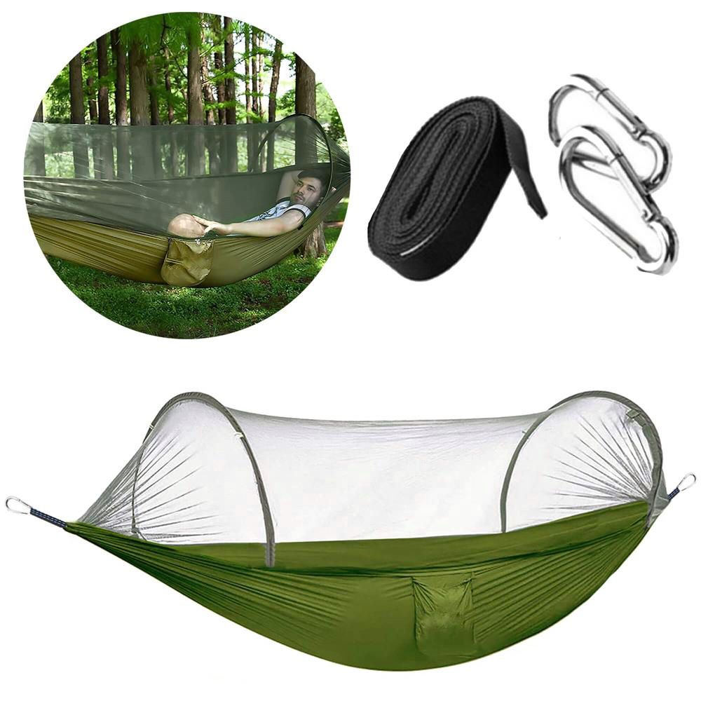 Hamac dublu din material parasuta 140x260cm, cu plasa de tantari si geanta transport, verde