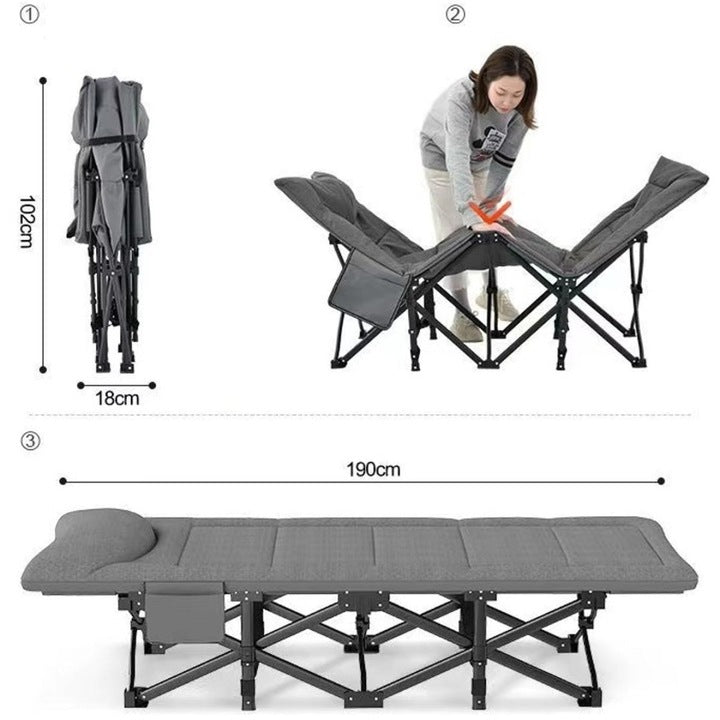 Pat pliant pentru camping, cu saltea si perna, structura metalica, 190x70x37cm, gri
