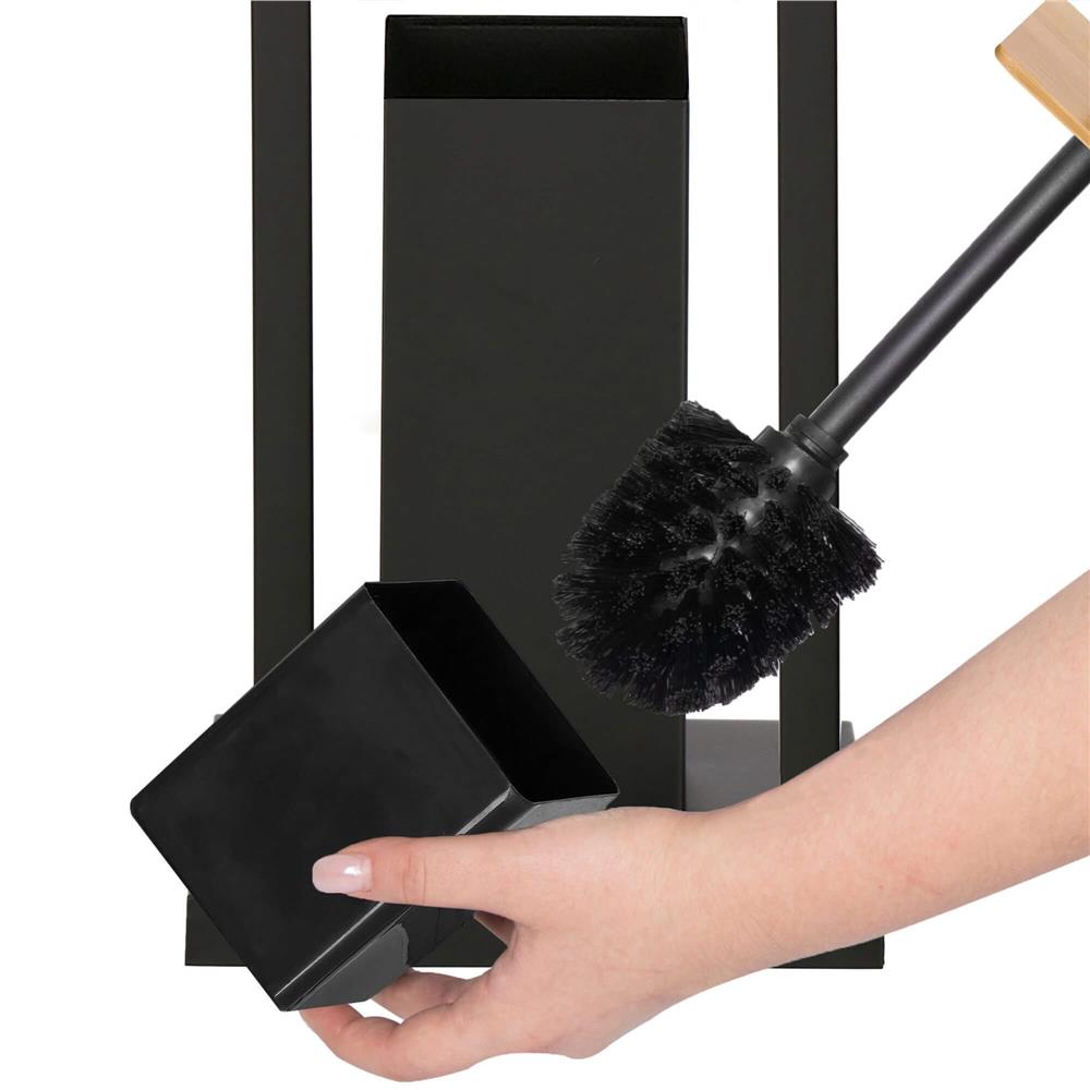 Stand cu perie WC si suport hartie igienica, metal si bambus, 80cm, negru