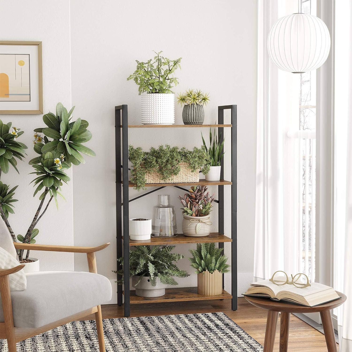 VASAGLE Biblioteca cu 4 etaje din lemn, cadru otel, stil industrial, 66x30x120cm, maro rustic - 9