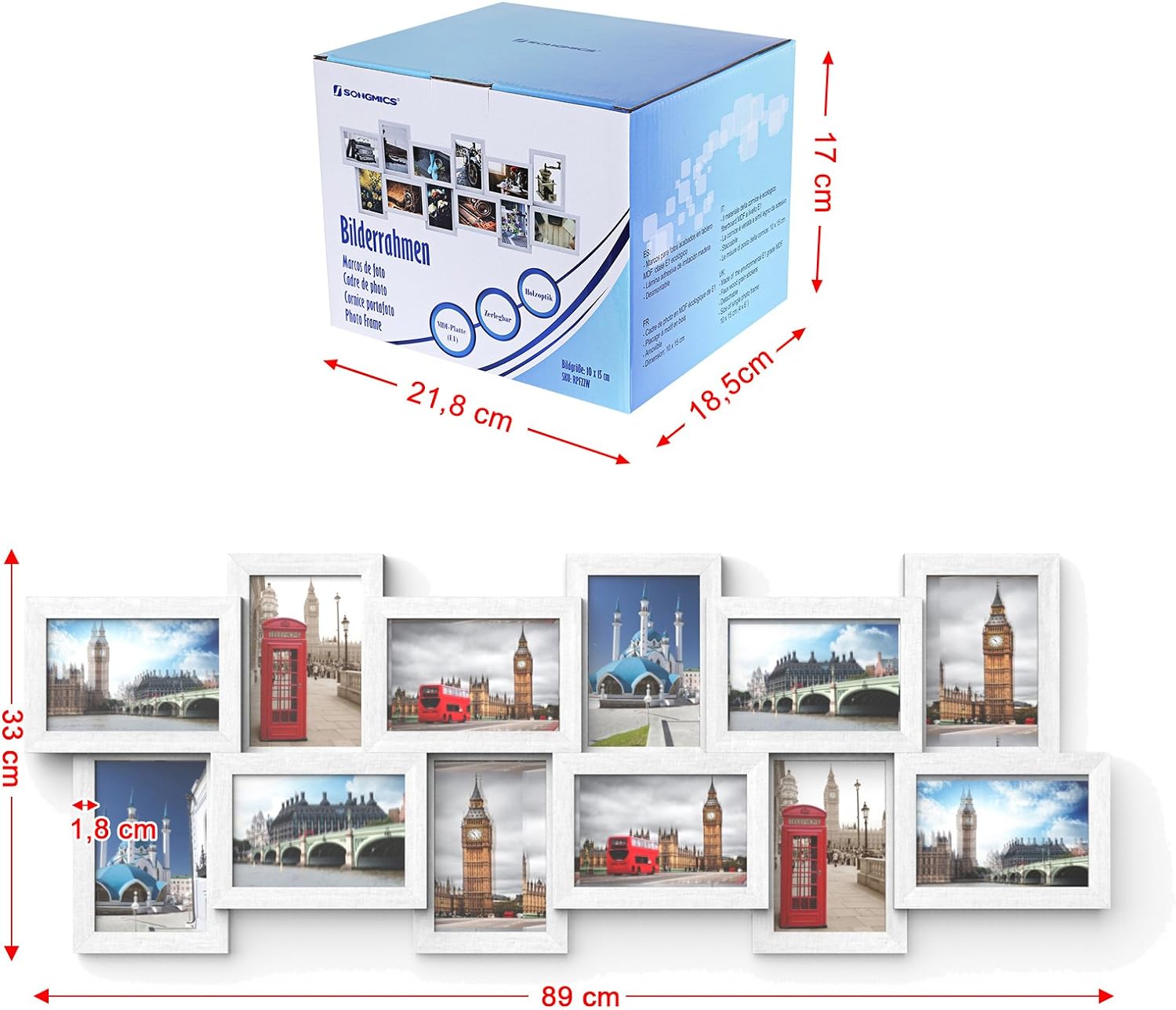 SONGMICS Rama foto de perete din MDF cu sticla, colaj de 12 fotografii, 89x33cm, alb gri