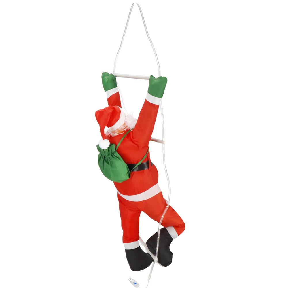 Figurina Craciun, Mos Craciun pe scara, cu iluminare LED, alimentare USB, pentru interior