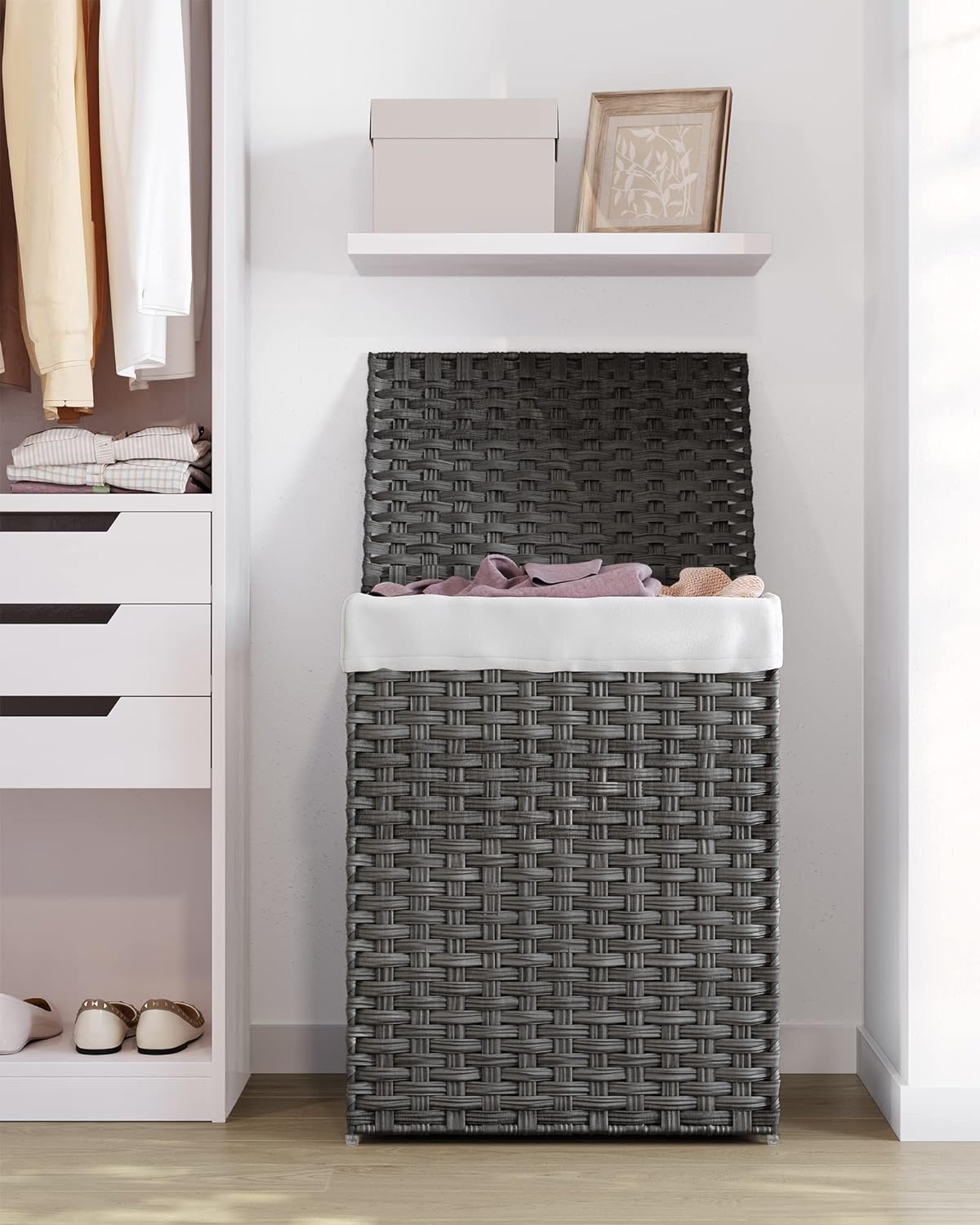 SONGMICS Cos de rufe din ratan sintetic cu capac, sac detasabil, volum 90L, 46x33x60cm, gri