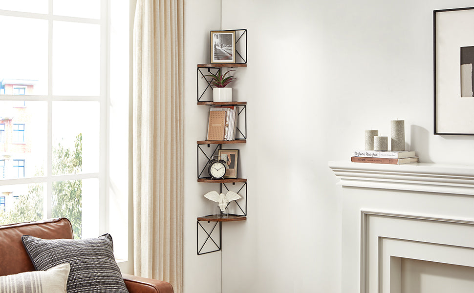 Raft de perete pentru colt, cadru otel cu 5 etaje din MDF, 20x20x128cm, maro rustic si negru