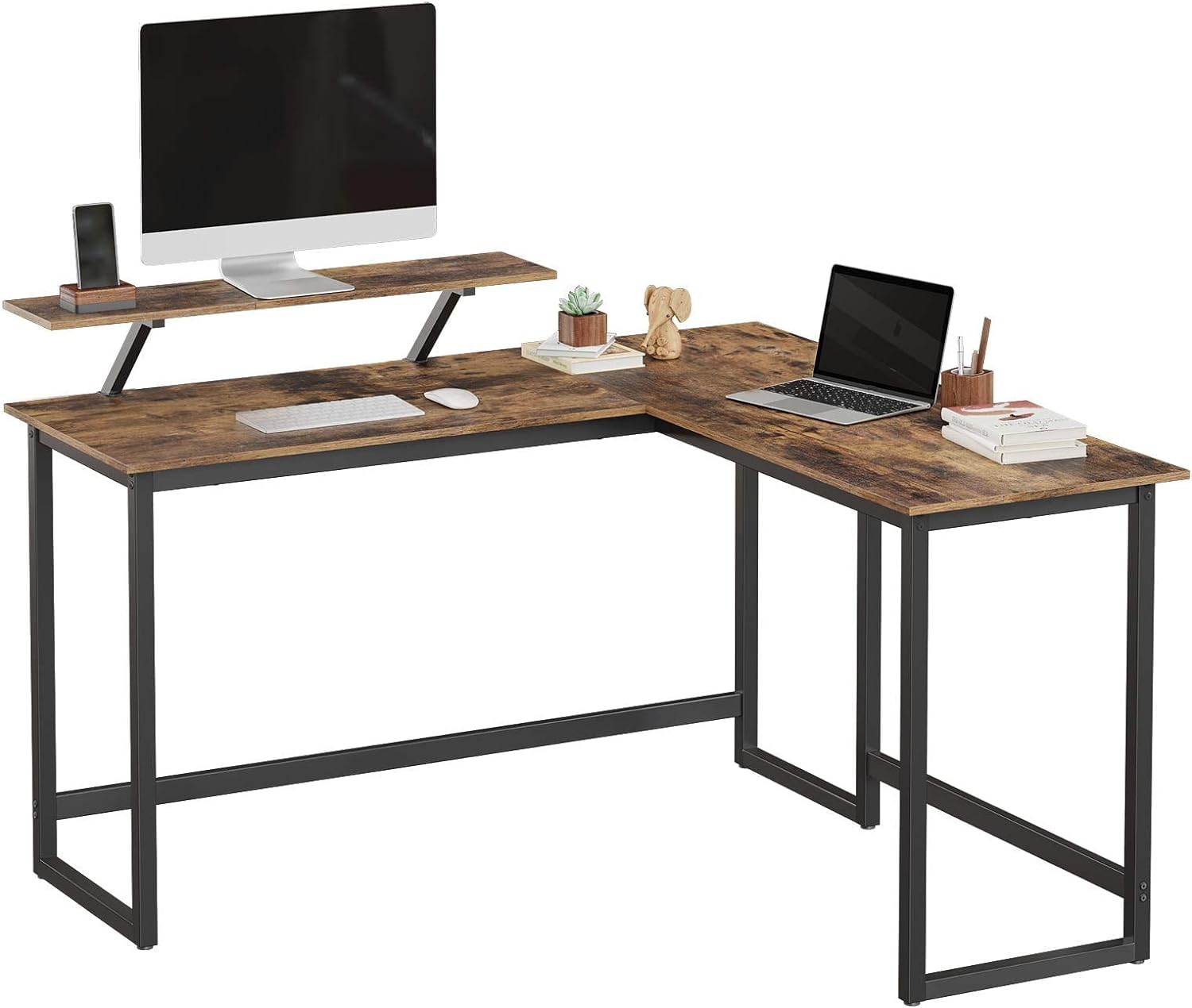 VASAGLE Birou in forma de L cu suport pentru monitor, cadru metalic, 140x130x76cm, maro rustic