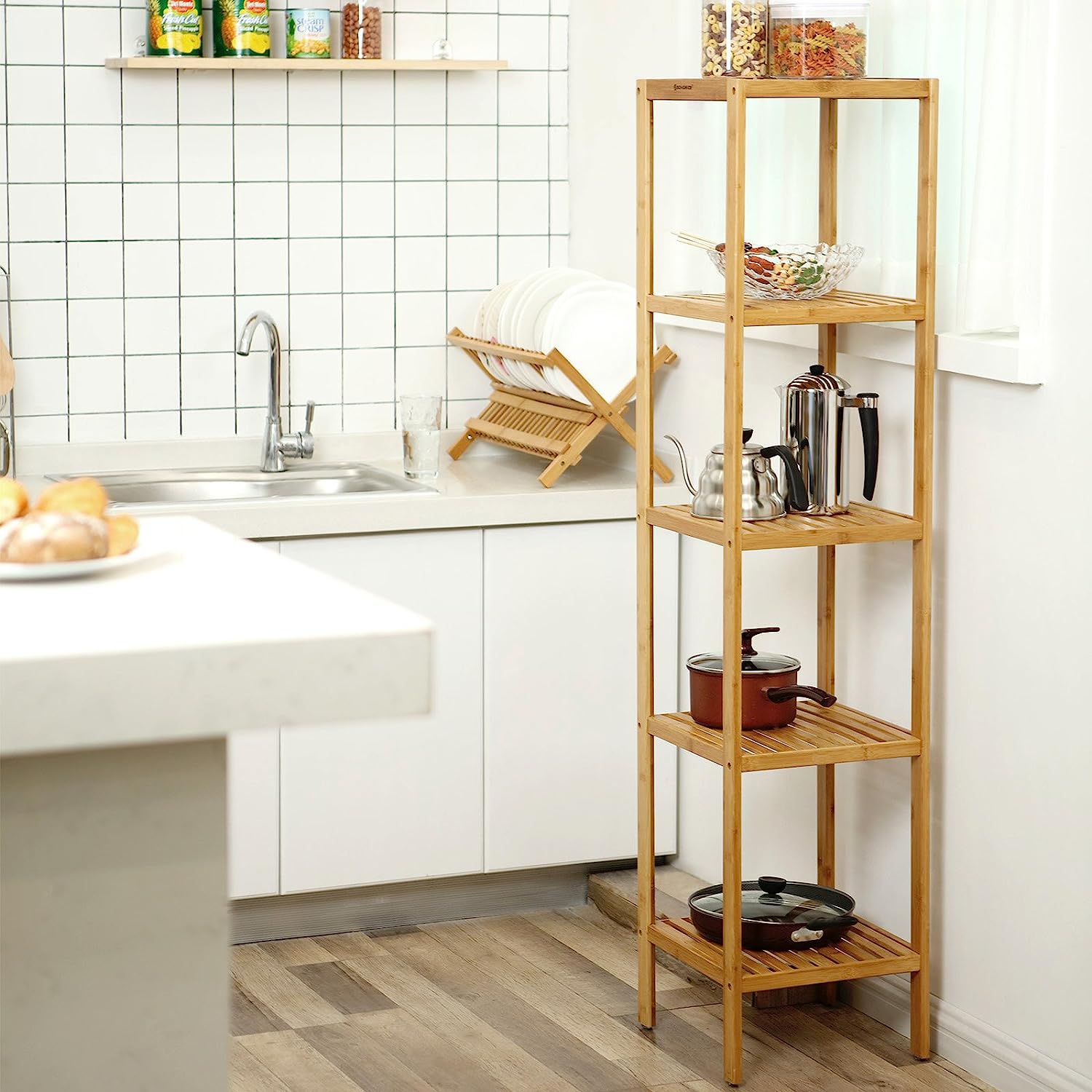 SONGMICS Raft de depozitare din bambus, 5 polite, pentru bucatarie sau baie, 146x33x33cm, maro natural