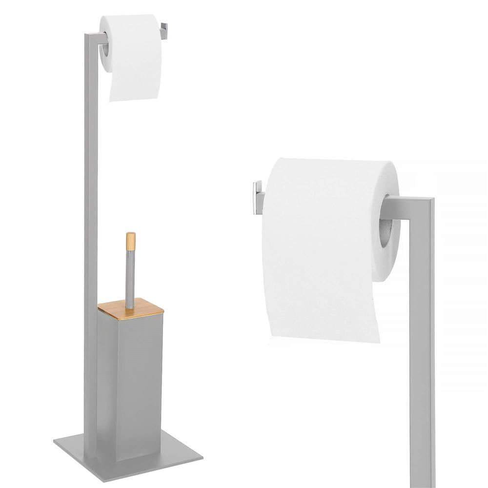 Stand cu perie WC si suport hartie igienica, metal, 79cm, gri