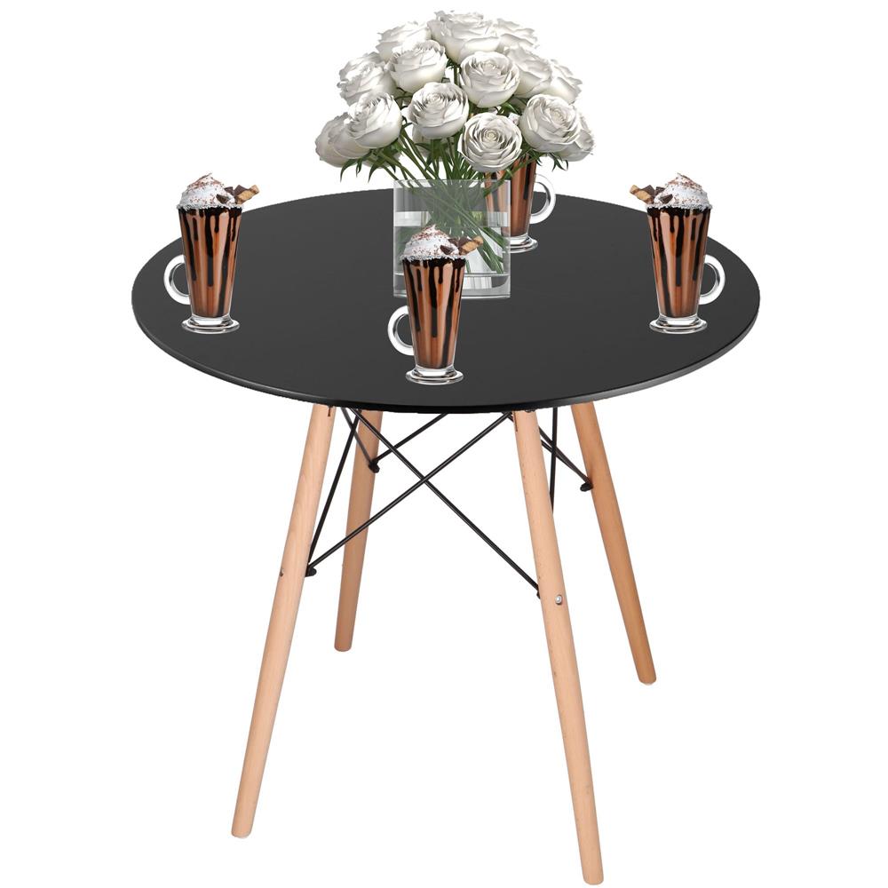 Masa dining bucatarie, rotunda, diametru 80 cm, inaltime 75 cm, Blat MDF, Picioare lemn, Negru