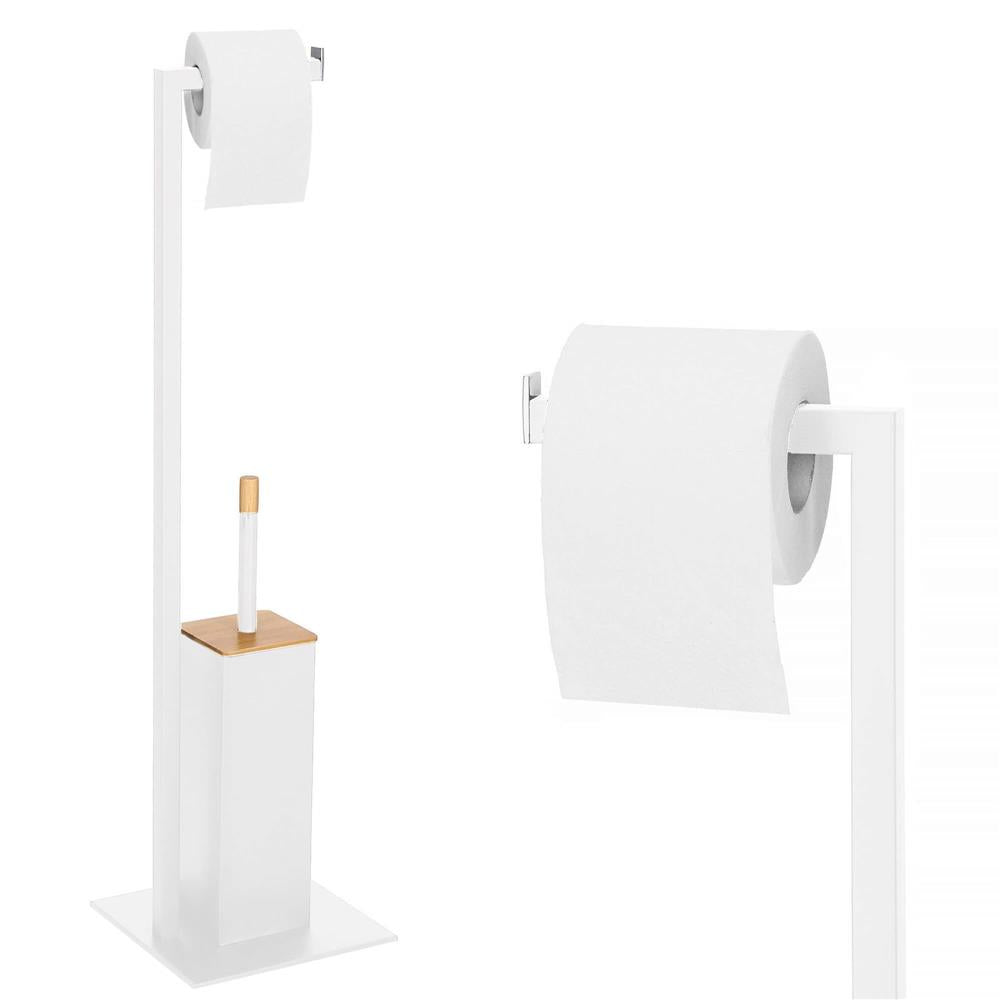 Stand cu perie WC si suport hartie igienica, metal si bambus, 79cm, gri deschis
