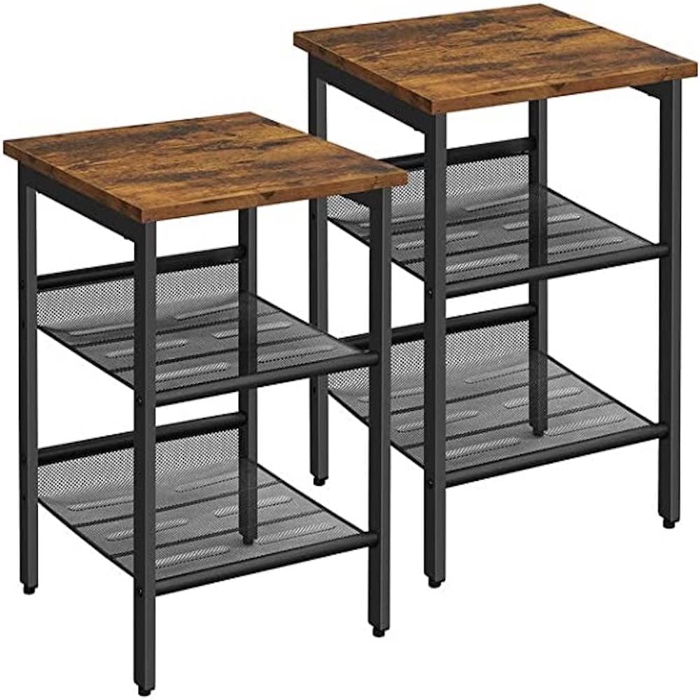 VASAGLE Set de 2 noptiere, cu cadru metalic, blat MDF, rafturi reglabile, 40x40x50cm, maro rustic